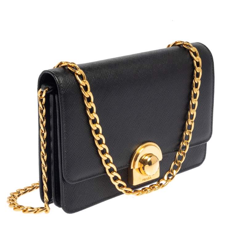 Pre Owned Prada Black Saffiano Leather Arcade Wallet on Chain