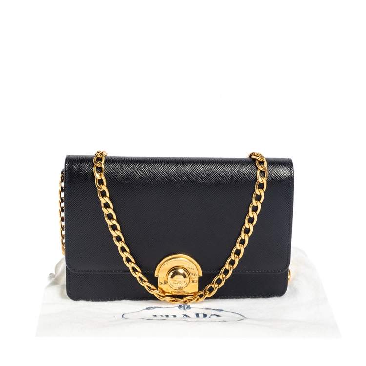 Pre Owned Prada Black Saffiano Leather Arcade Wallet on Chain