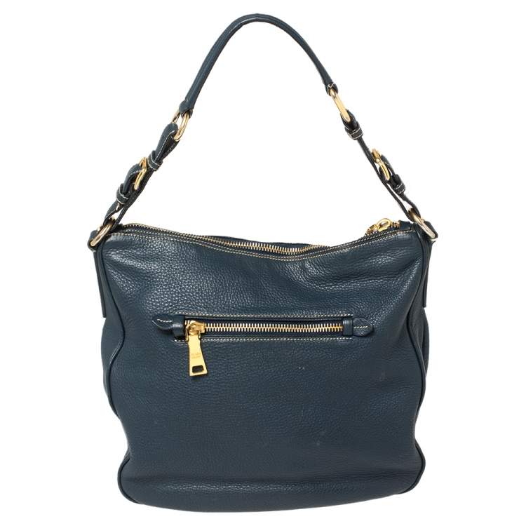Pre Owned Prada Navy Blue Vitello Daino Leather Front Pocket Hobo