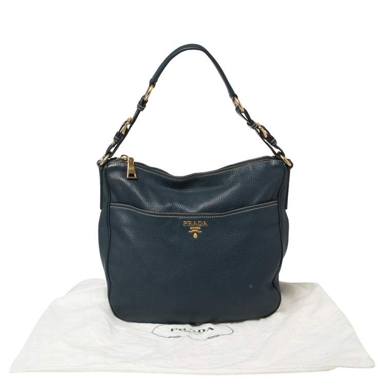 Pre Owned Prada Navy Blue Vitello Daino Leather Front Pocket Hobo