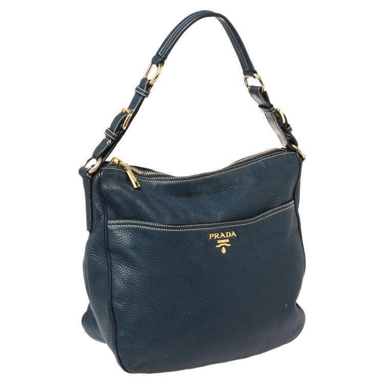 Pre Owned Prada Navy Blue Vitello Daino Leather Front Pocket Hobo