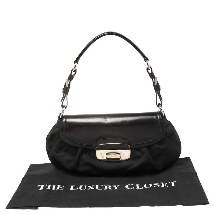 Pre Owned Prada Black Nylon and Leather Flap Hobo