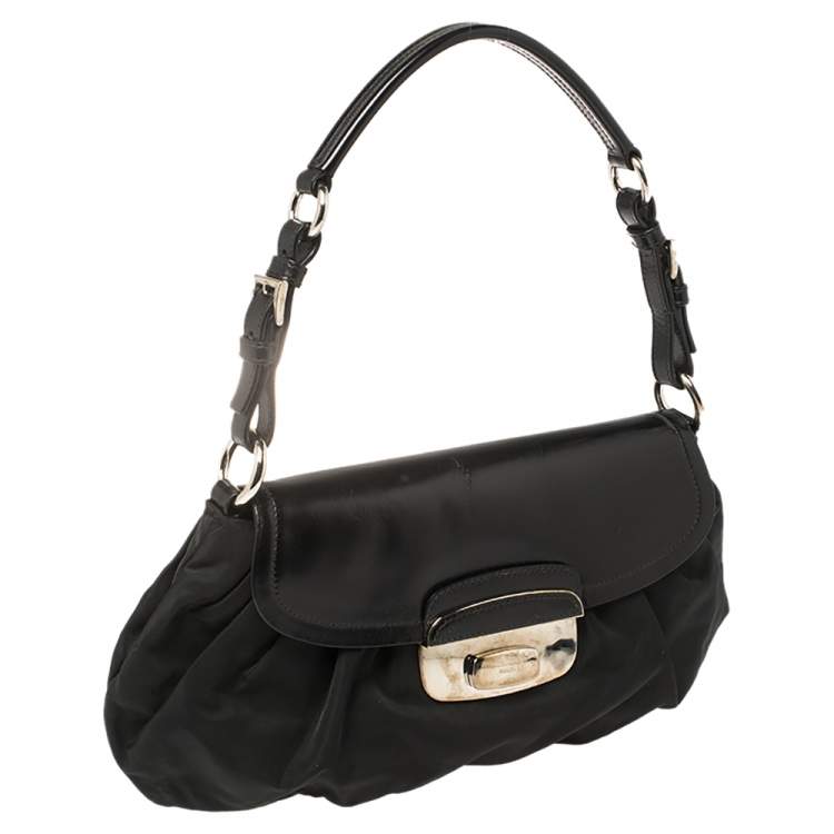 Pre Owned Prada Black Nylon and Leather Flap Hobo