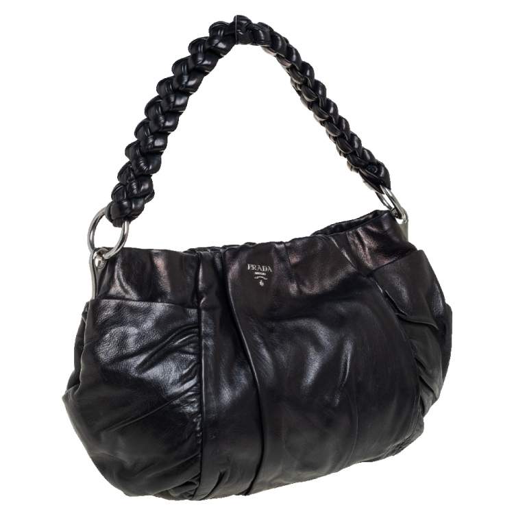 Pre Owned Prada Black Patent Leather Braided Handle Hobo