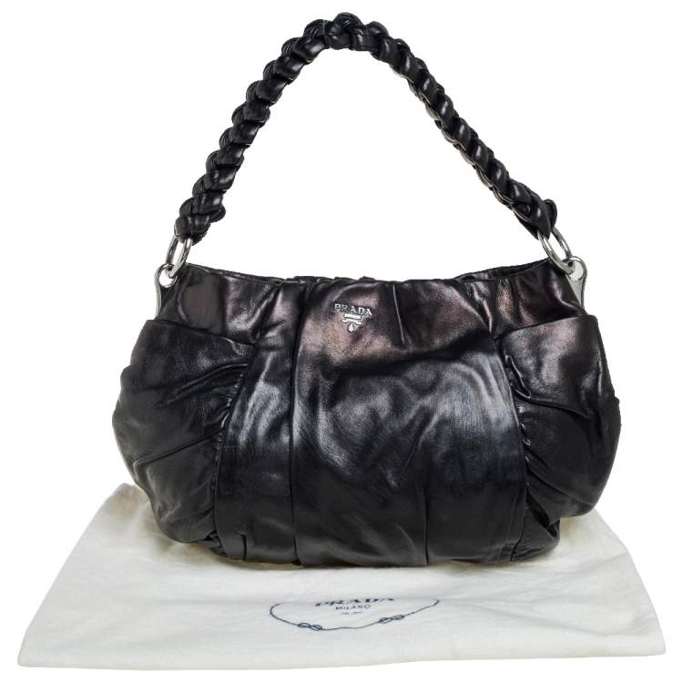 Pre Owned Prada Black Patent Leather Braided Handle Hobo