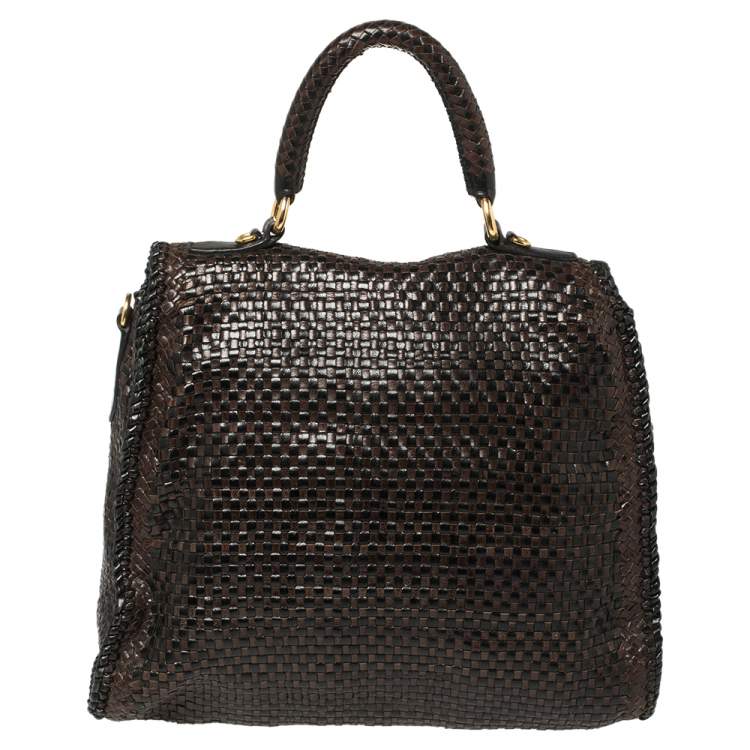 Pre Owned Prada Dark Brown/Black Woven Madras Leather Flap Top Handle Bag