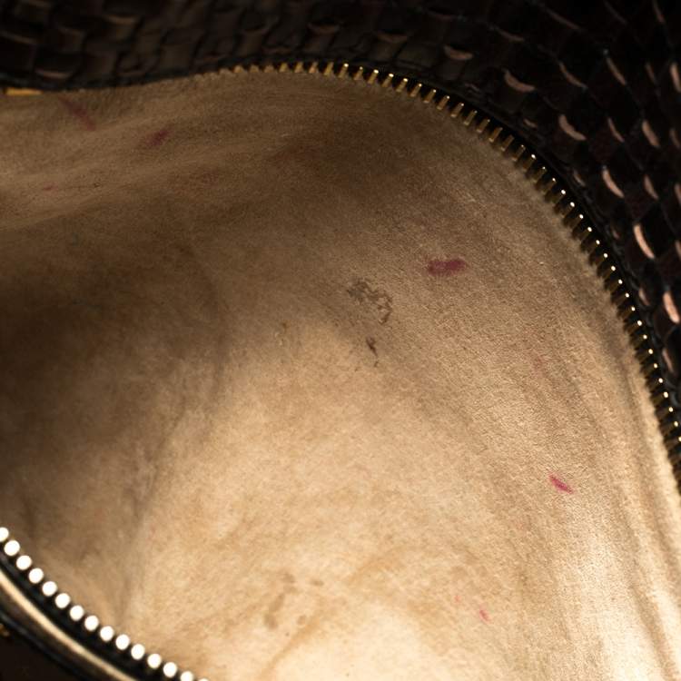 Pre Owned Prada Dark Brown/Black Woven Madras Leather Flap Top Handle Bag