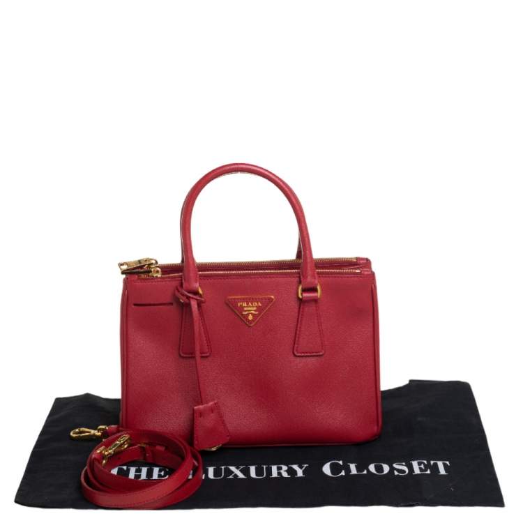 Pre Owned Prada Red Saffiano Lux Leather Mini Galleria Double Zip Tote