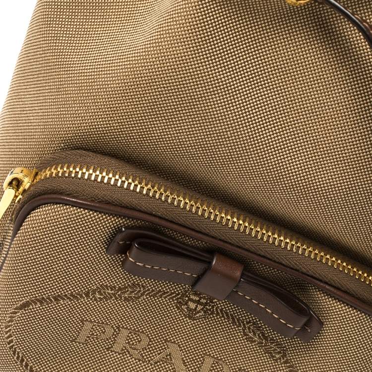 Pre Owned Prada Brown Logo Jacquard Canvas and Leather Trim Bucket Bag 