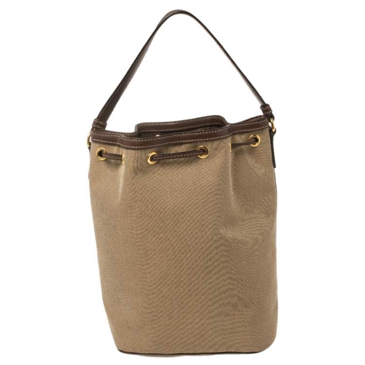 Pre Owned Prada Brown Logo Jacquard Canvas and Leather Trim Bucket Bag 
