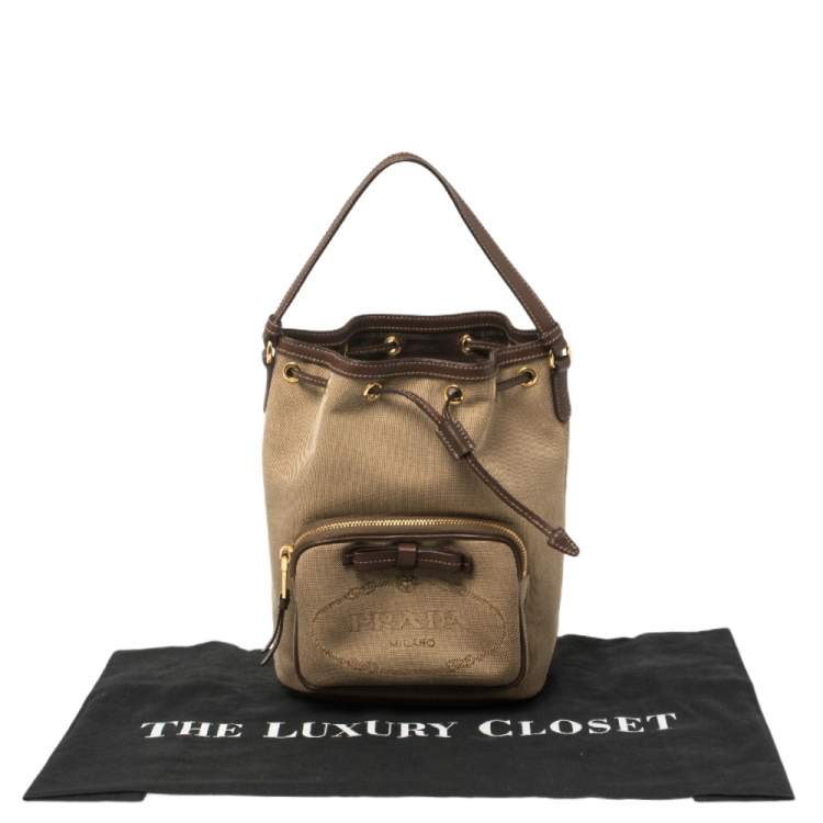 Pre Owned Prada Brown Logo Jacquard Canvas and Leather Trim Bucket Bag 