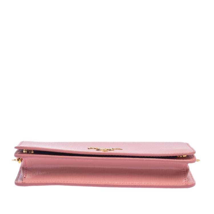 Pre Owned Prada Pink Vitello Move Leather Wallet On Chain