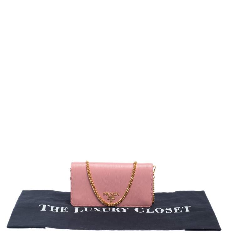 Pre Owned Prada Pink Vitello Move Leather Wallet On Chain