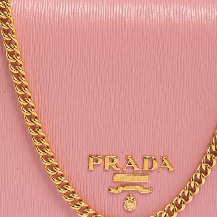 Pre Owned Prada Pink Vitello Move Leather Wallet On Chain