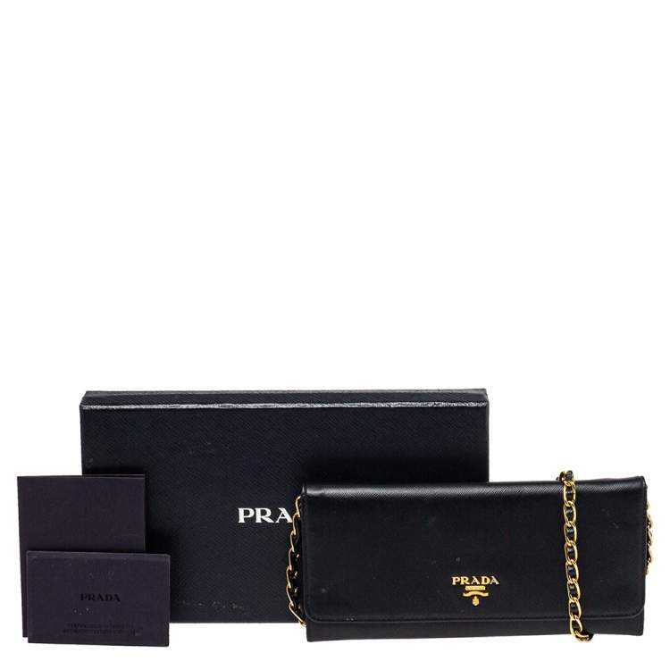 Pre Owned Prada Black Saffiano Lux Leather Wallet on Chain