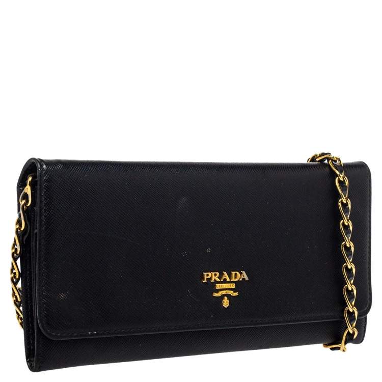 Pre Owned Prada Black Saffiano Lux Leather Wallet on Chain
