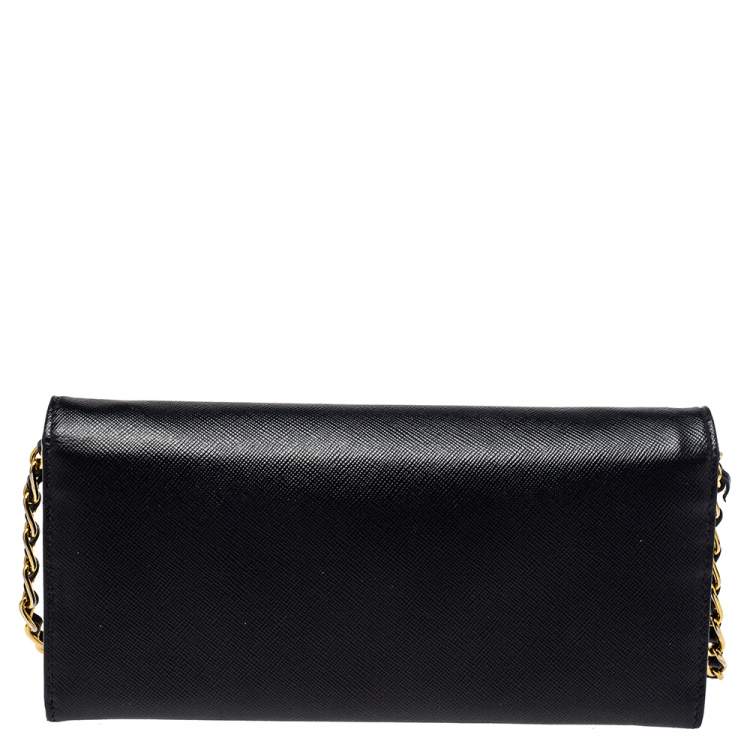 Pre Owned Prada Black Saffiano Lux Leather Wallet on Chain