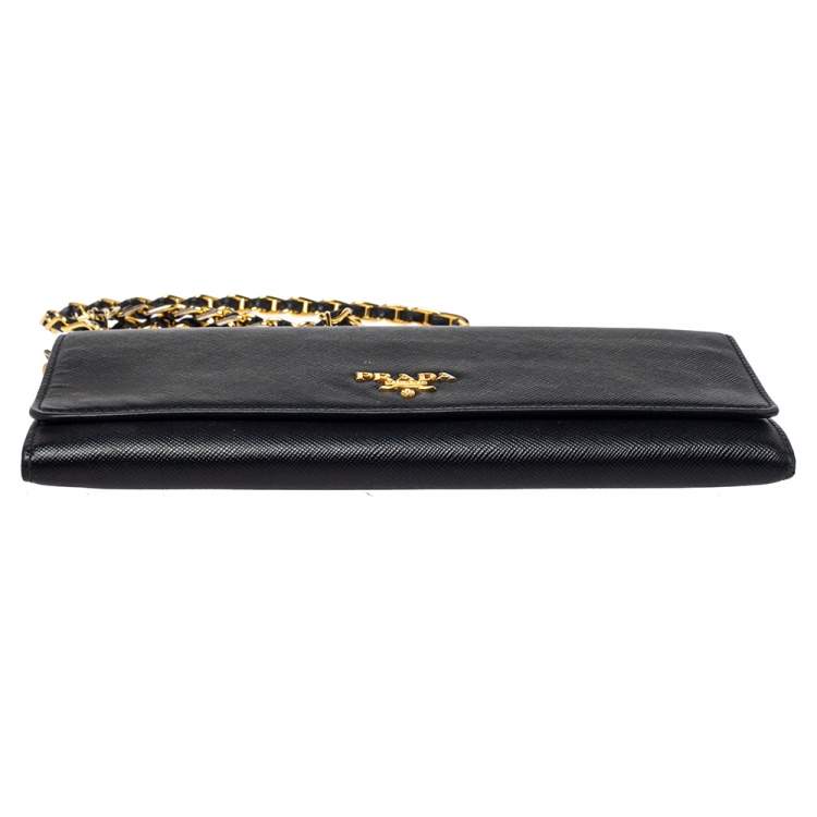 Pre Owned Prada Black Saffiano Lux Leather Wallet on Chain