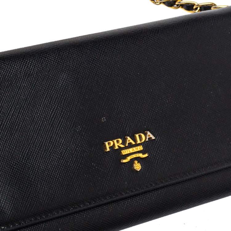 Pre Owned Prada Black Saffiano Lux Leather Wallet on Chain