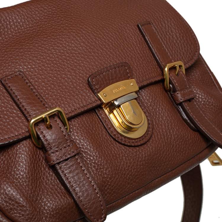 Pre Owned Prada Brown Leather Pushlock Flap Top Handle Bag 