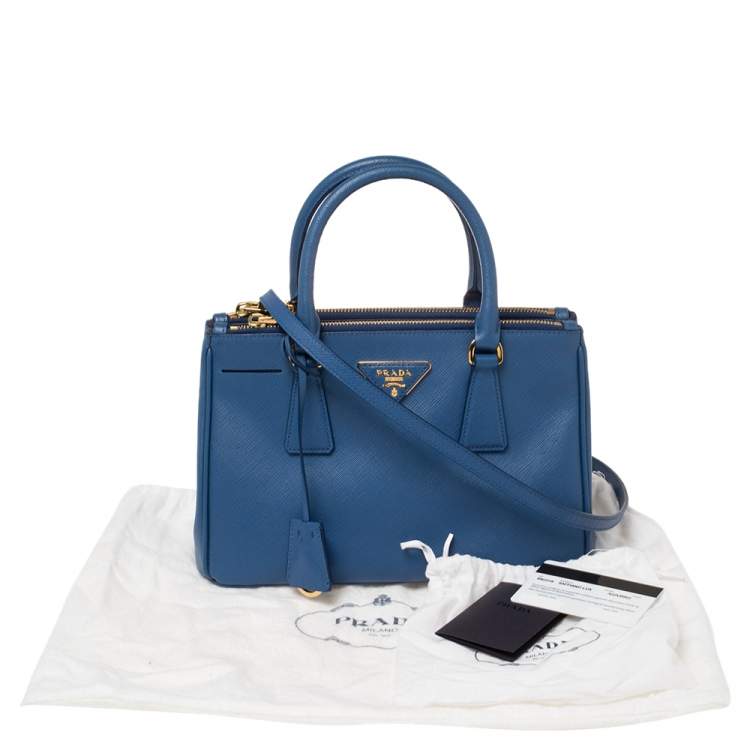 Pre Owned Prada Blue Saffiano Lux Leather Mini Galleria Double Zip Tote