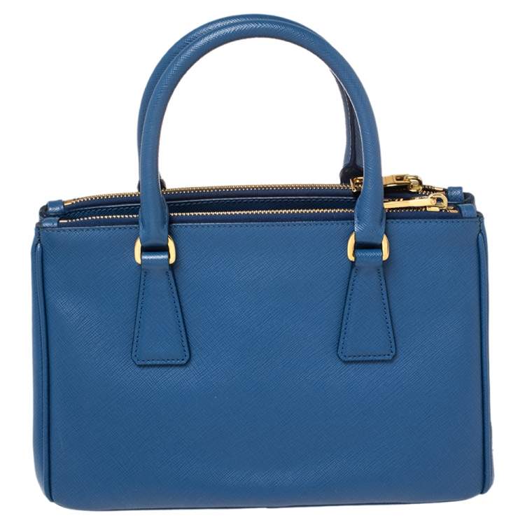 Pre Owned Prada Blue Saffiano Lux Leather Mini Galleria Double Zip Tote