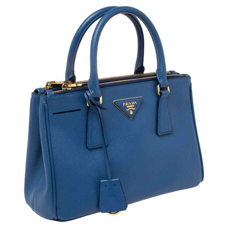 Pre Owned Prada Blue Saffiano Lux Leather Mini Galleria Double Zip Tote
