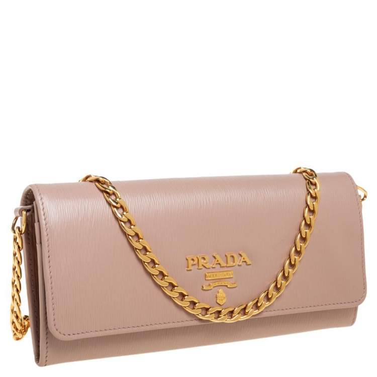 Pre Owned Prada Nude Vitello Move Leather Leather Wallet On Chain