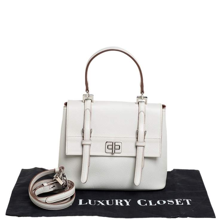 Pre Owned Prada White Leather Turn Lock Top Handle Bag