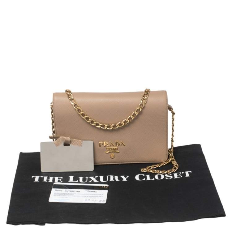 Pre Owned Prada Beige Saffiano Lux Leather Logo Plaque Wallet On Chain