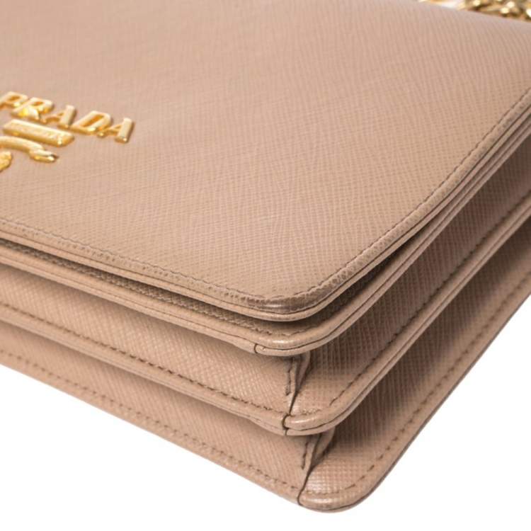 Pre Owned Prada Beige Saffiano Lux Leather Logo Plaque Wallet On Chain