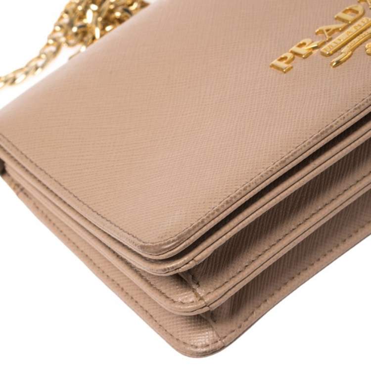 Pre Owned Prada Beige Saffiano Lux Leather Logo Plaque Wallet On Chain
