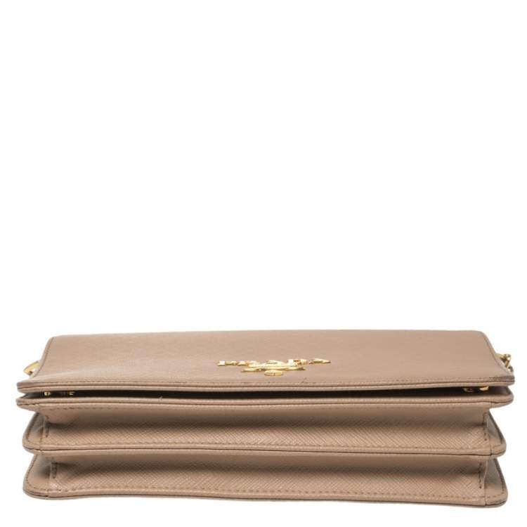 Pre Owned Prada Beige Saffiano Lux Leather Logo Plaque Wallet On Chain