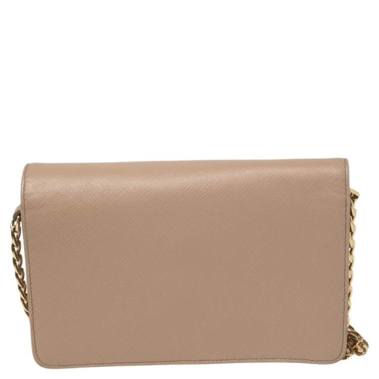 Pre Owned Prada Beige Saffiano Lux Leather Logo Plaque Wallet On Chain