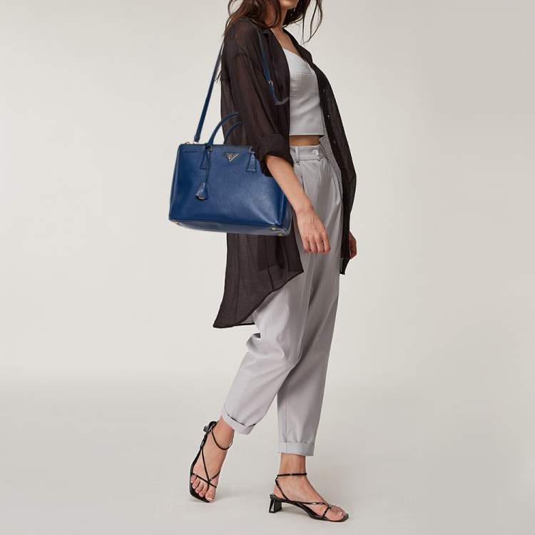 Pre Owned Prada Blue Saffiano Lux Leather Medium Galleria Double Zip Tote
