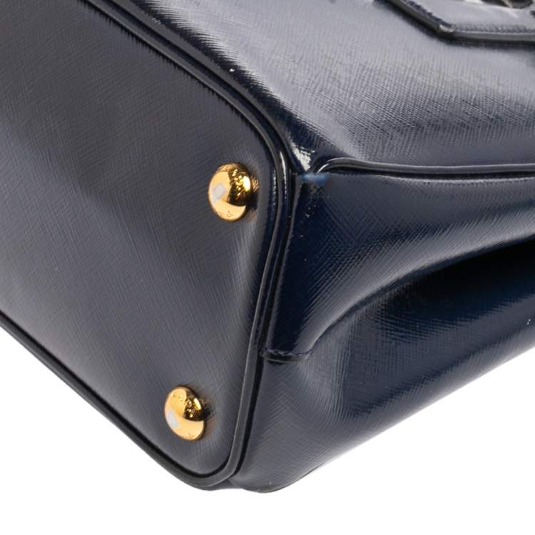 Pre Owned Prada Navy Blue Saffiano Vernice Leather Mini Galleria Double Zip Tote