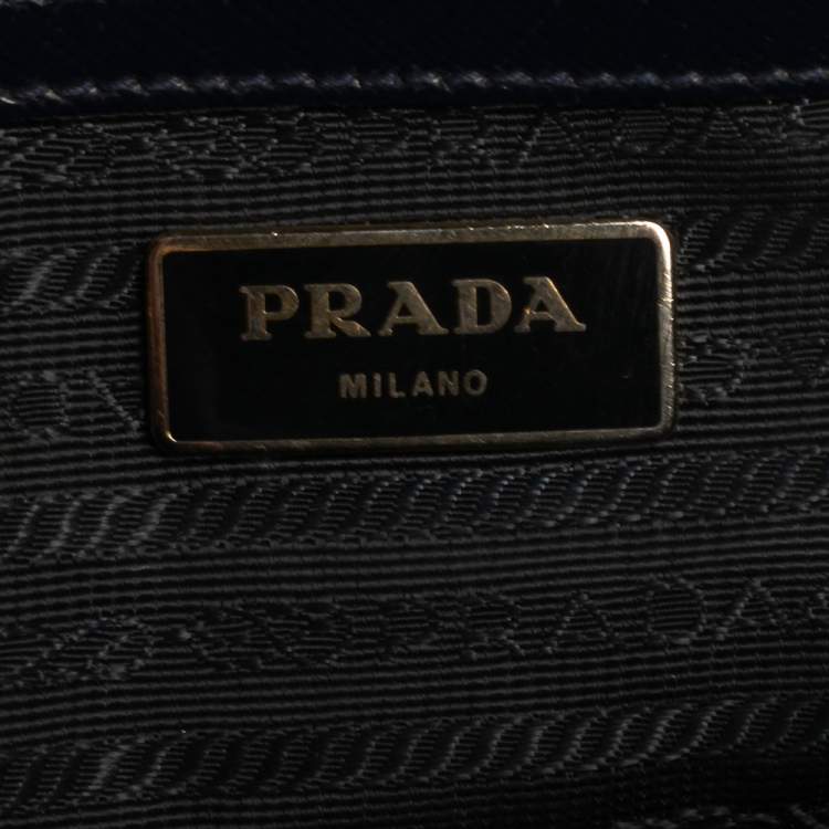Pre Owned Prada Navy Blue Saffiano Vernice Leather Mini Galleria Double Zip Tote