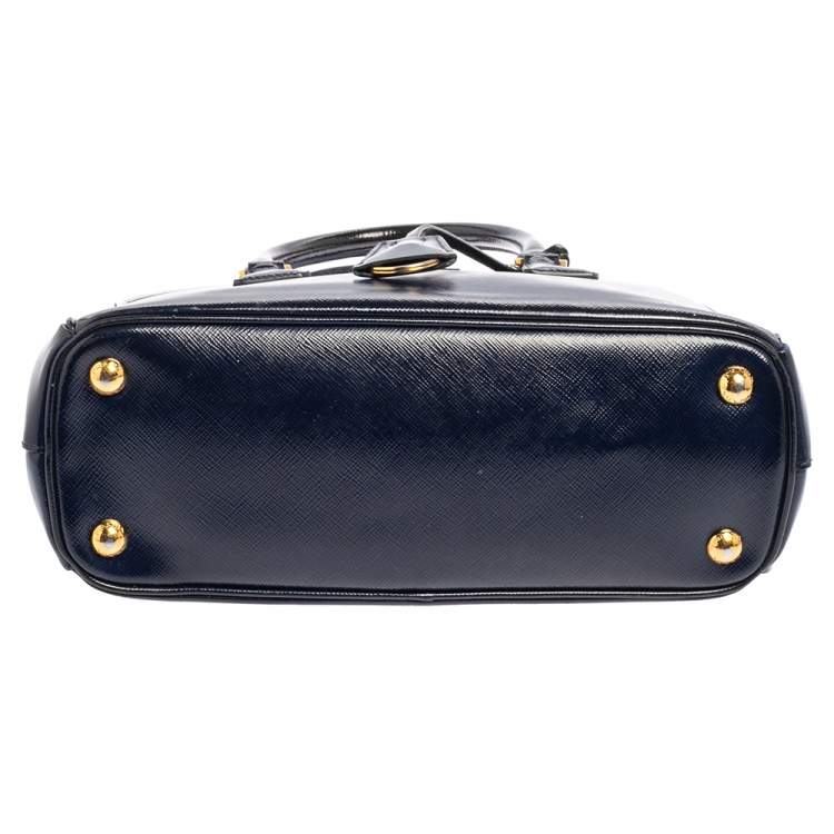Pre Owned Prada Navy Blue Saffiano Vernice Leather Mini Galleria Double Zip Tote