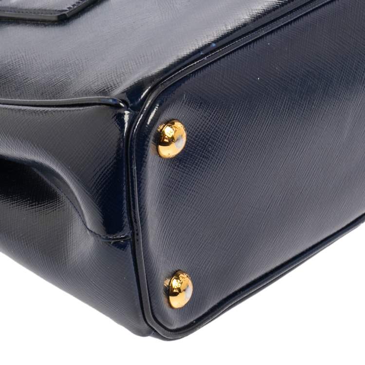 Pre Owned Prada Navy Blue Saffiano Vernice Leather Mini Galleria Double Zip Tote