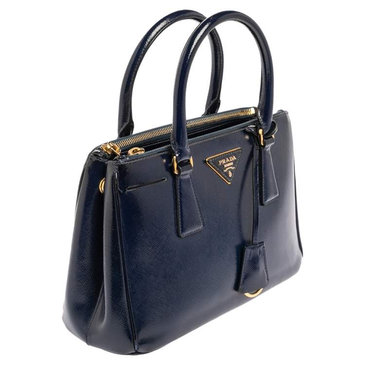 Pre Owned Prada Navy Blue Saffiano Vernice Leather Mini Galleria Double Zip Tote