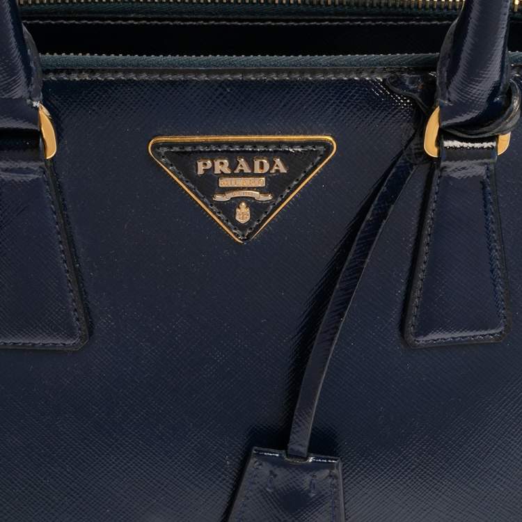 Pre Owned Prada Navy Blue Saffiano Vernice Leather Mini Galleria Double Zip Tote