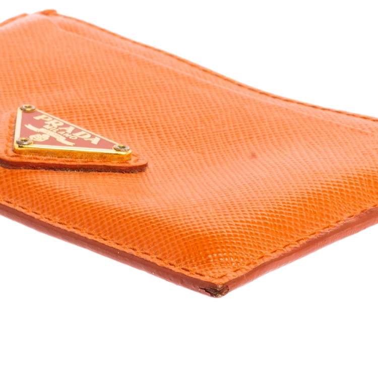 Pre Owned Prada Orange Saffiano Lux Leather Card Holder