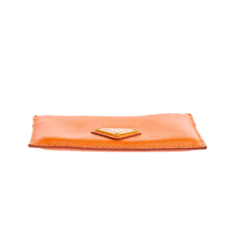 Pre Owned Prada Orange Saffiano Lux Leather Card Holder