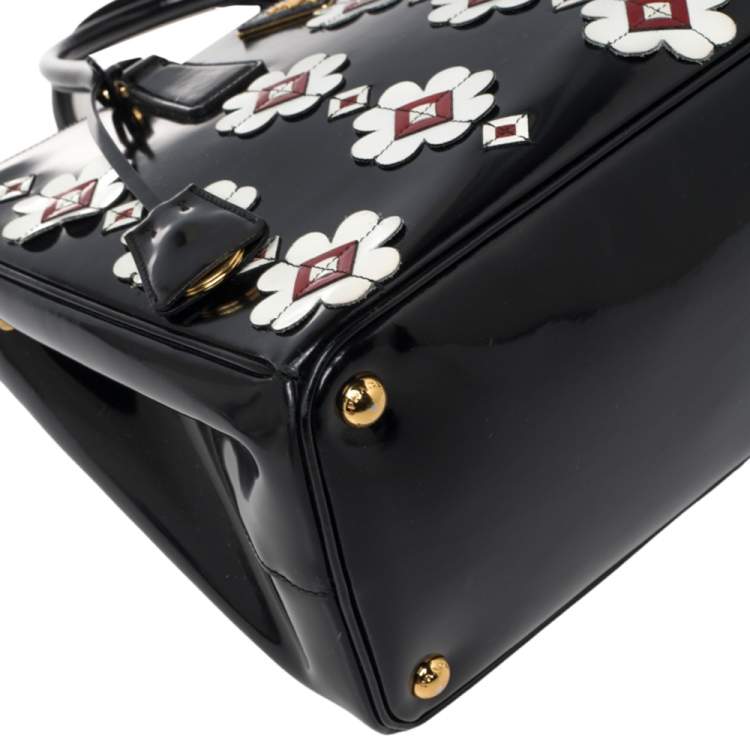 Pre Owned Prada Black Spazzolato Leather Medium Flowers Galleria Tote