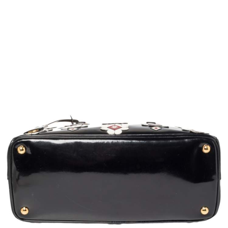 Pre Owned Prada Black Spazzolato Leather Medium Flowers Galleria Tote