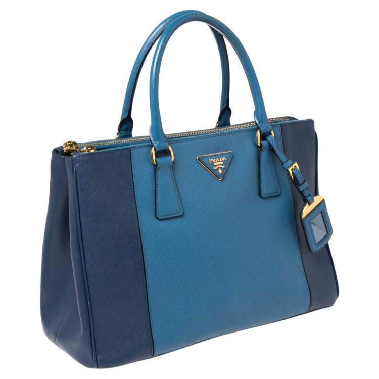 Pre Owned Prada Blue Two Tone Saffiano Lux Leather Medium Galleria Tote