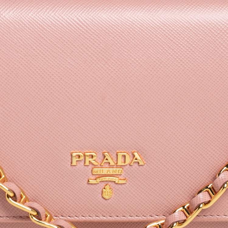 Pre Owned Prada Pink Saffiano Lux Leather Wallet on Chain