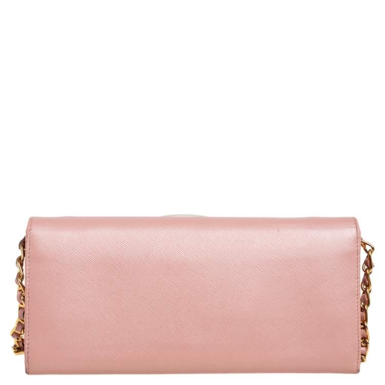 Pre Owned Prada Pink Saffiano Lux Leather Wallet on Chain