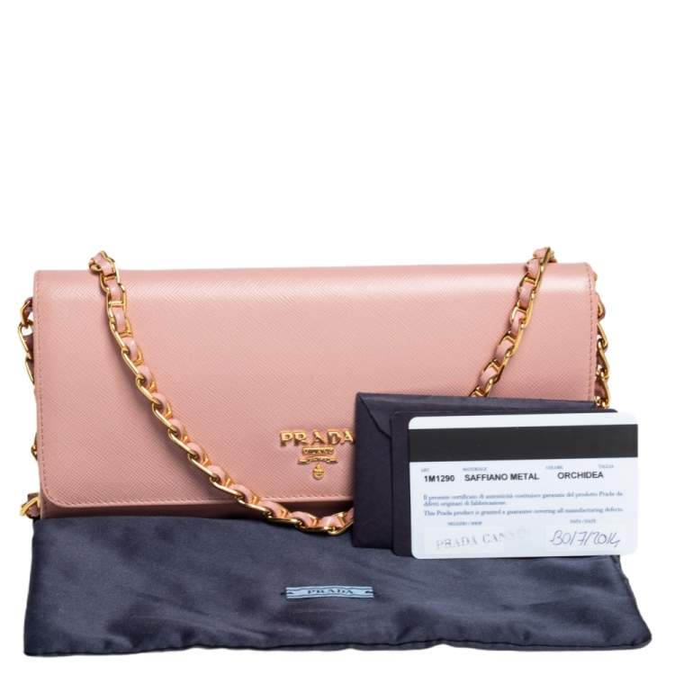 Pre Owned Prada Pink Saffiano Lux Leather Wallet on Chain