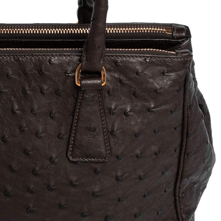 Pre Owned Prada Dark Brown Ostrich Small Galleria Tote